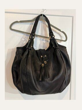 Gucci Marrakech Large Hobo Bag Black Pebbled Leather Braided Handle Tassel